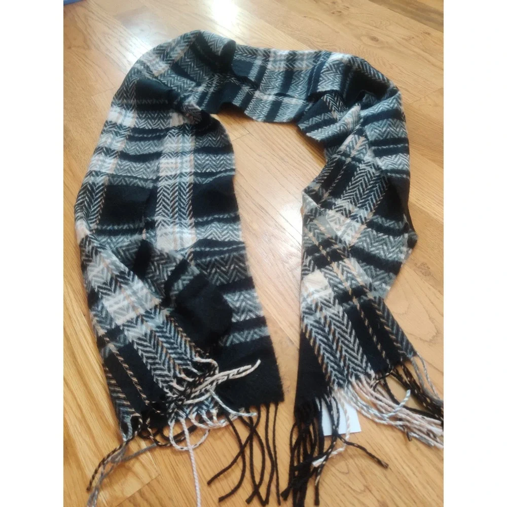 Premium Wool Blend Plaid Scarf Black Grey Cream Herringbone Fringed Winter Wrap